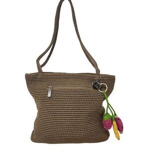 The Sak‎ Tan Crochet Handbag Knitted Beaded Fruit Charms Summer Boho Purse